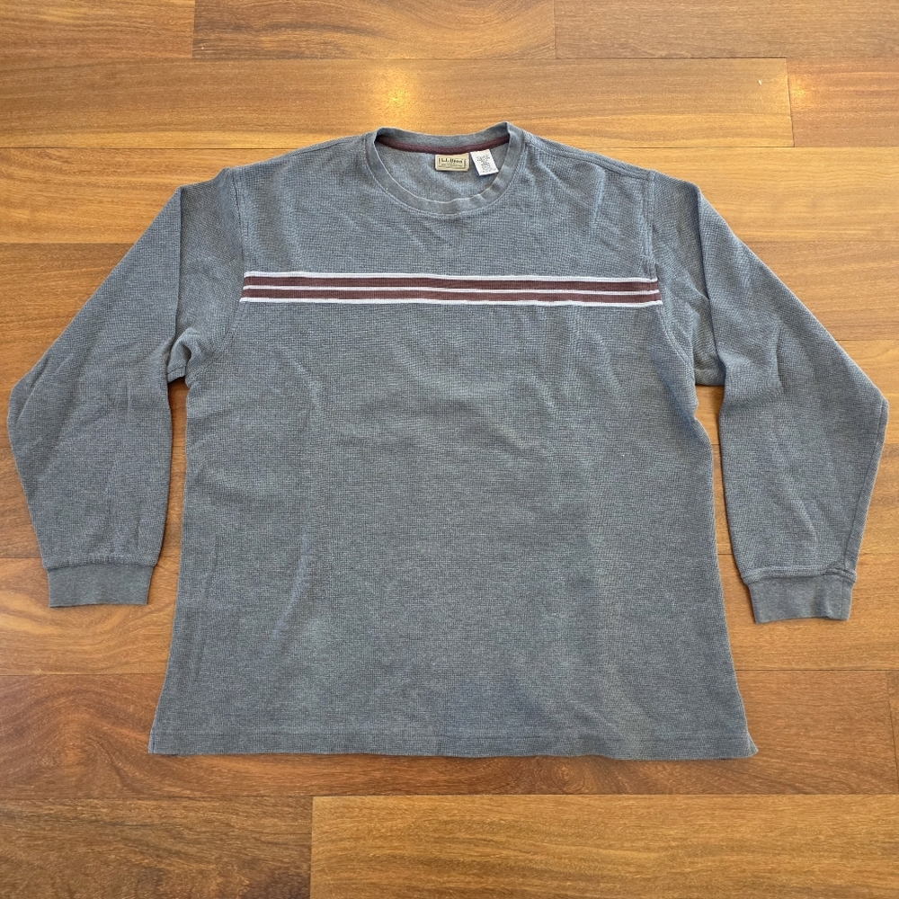 L.L. Bean Waffle Knit Thermal Shirt Gray Stripe Long Sleeve Outdoor Mens XL